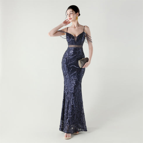 Graceful Sequin Embellished Mesh Mermaid Maxi Dress